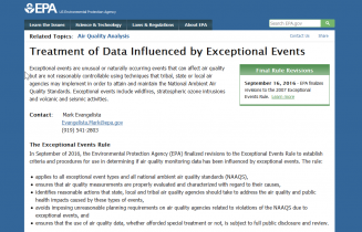 Screen capture of EPA web page describing the Exceptional Events Rule.